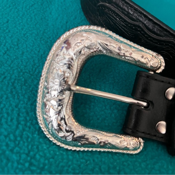 Nocona Black Tooled Leather Belt with Engraved Silver Buckle - Picture 3 of 10